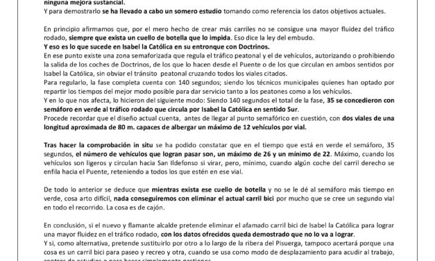 La Asociación Ribera de Curtidores insta al Alcalde a reflexionar antes de demoler el carril bici de Isabel la Católica