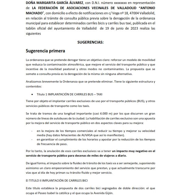 Sugerencias consulta pública previa derogación ordenanza municipal carriles bicis y carriles bus taxi