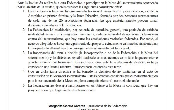 La Federación de Asociaciones Vecinales Antonio Machado no participará en la constitución de la Mesa del Soterramiento