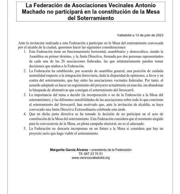 La Federación de Asociaciones Vecinales Antonio Machado no participará en la constitución de la Mesa del Soterramiento