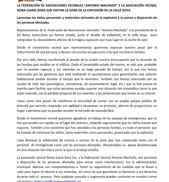 La Federación de asociaciones Vecinales Antonio machado y la Asociación Vecinal Reina Juana-Zona Sur visitan la zona de la explosión de la calle Goya
