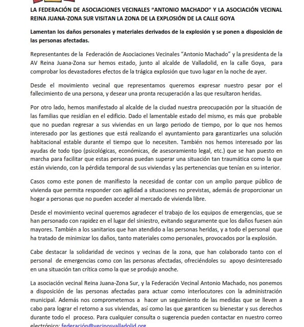 La Federación de asociaciones Vecinales Antonio machado y la Asociación Vecinal Reina Juana-Zona Sur visitan la zona de la explosión de la calle Goya