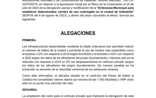 Alegaciones a la ordenanza municipal para establecer determinados carriles de uso restringuido