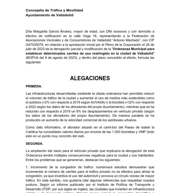 Alegaciones a la ordenanza municipal para establecer determinados carriles de uso restringuido