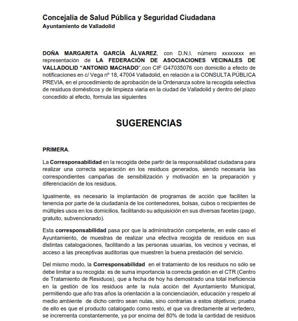 Sugerencias presentadas consulta previa ordenanza recogida de residuos