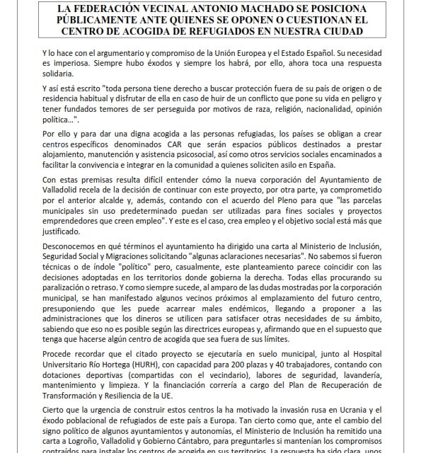 La Federación Vecinal Antonio Machado se posiciona públicamente ante quienes se oponen o cuestionan el centro de acogida de refugiados en nuestra ciudad