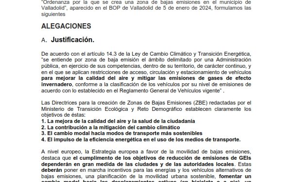 Alegaciones a la ordenanza de creación de una Zona de Bajas Emisiones