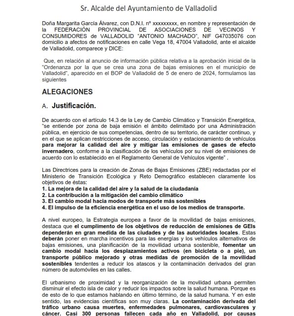 Alegaciones a la ordenanza de creación de una Zona de Bajas Emisiones