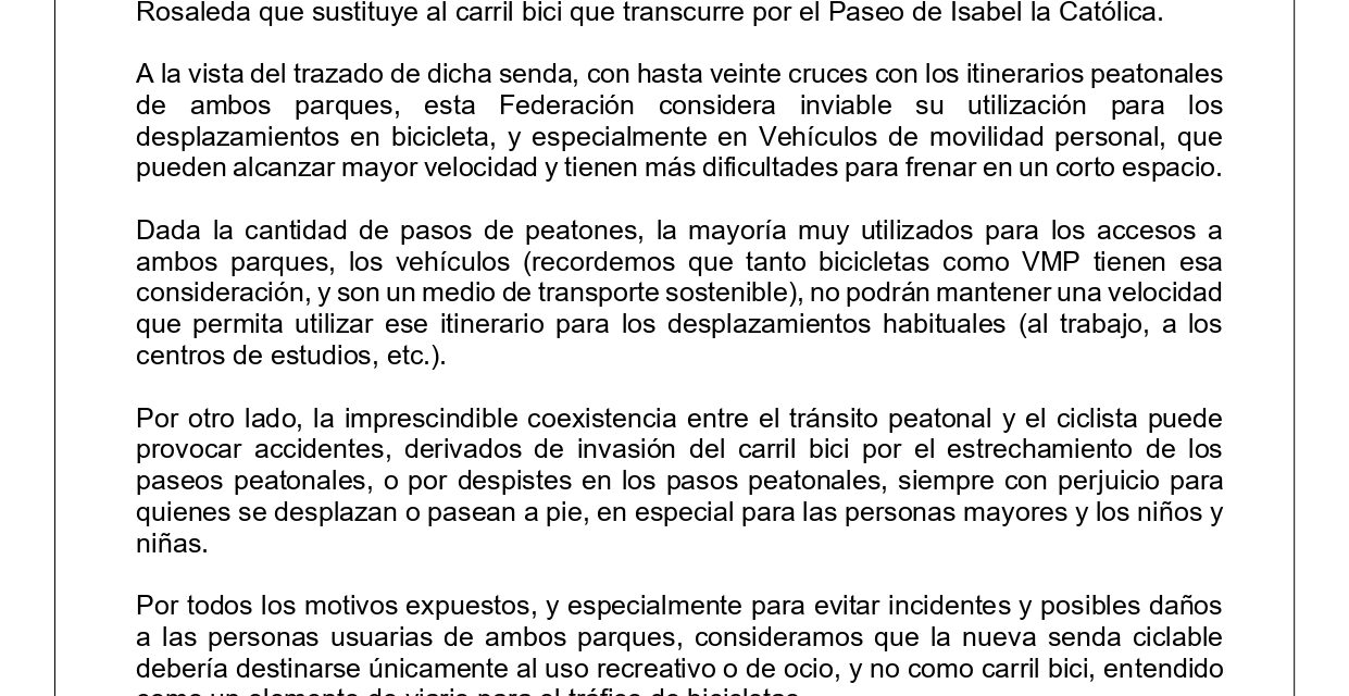 La Federación de Asociaciones Vecinales Antonio Machado se posiciona respecto al llamado “nuevo carril bici” de Isabel la Católica