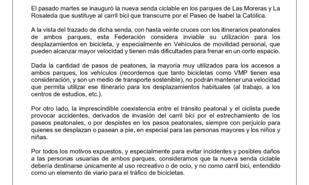 La Federación de Asociaciones Vecinales Antonio Machado se posiciona respecto al llamado “nuevo carril bici” de Isabel la Católica