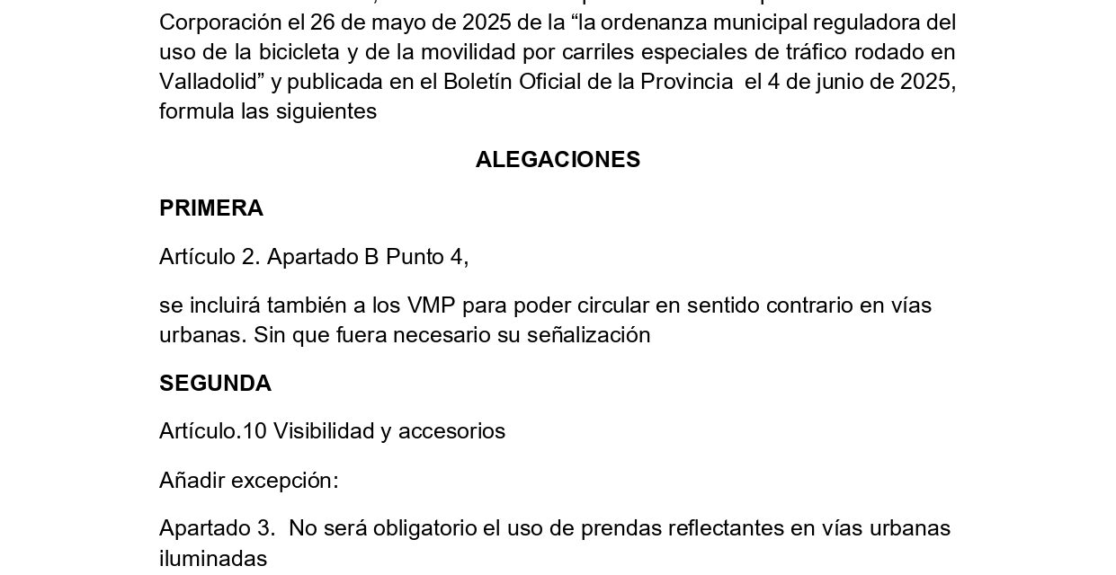 Alegaciones a “la ordenanza municipal reguladora del uso de la bicicleta y de la movilidad por carriles especiales de tráfico rodado en Valladolid”