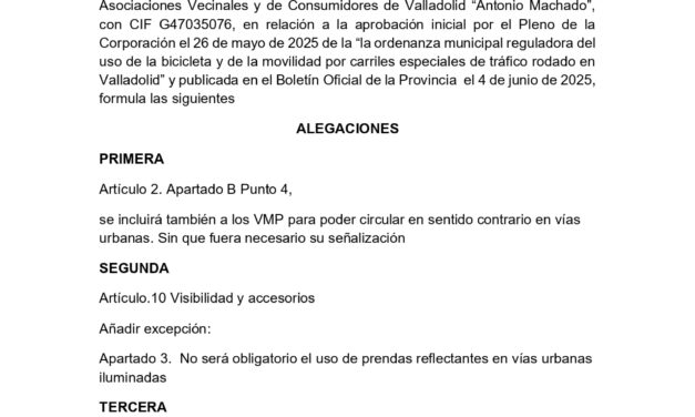 Alegaciones a “la ordenanza municipal reguladora del uso de la bicicleta y de la movilidad por carriles especiales de tráfico rodado en Valladolid”