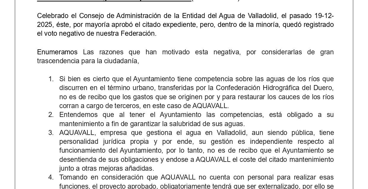 La Federación Vecinal Antonio Machado vota en contra del expediente de contratación de la obra de restauración del cauce del río Esgueva