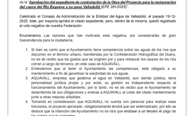 La Federación Vecinal Antonio Machado vota en contra del expediente de contratación de la obra de restauración del cauce del río Esgueva
