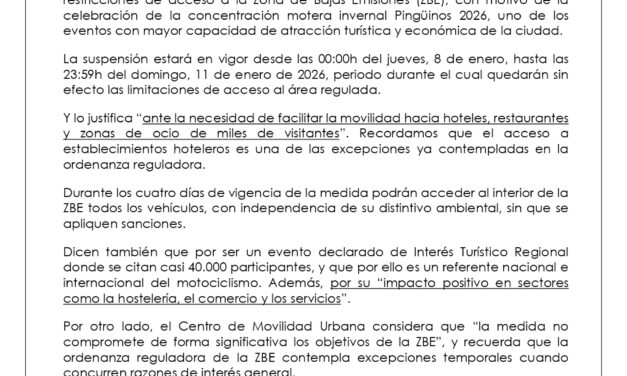 Diversas entidades sociales se oponen a la suspensión de la Zona de bajas Emisiones (ZBE) durante la celebración del evento pingüinos