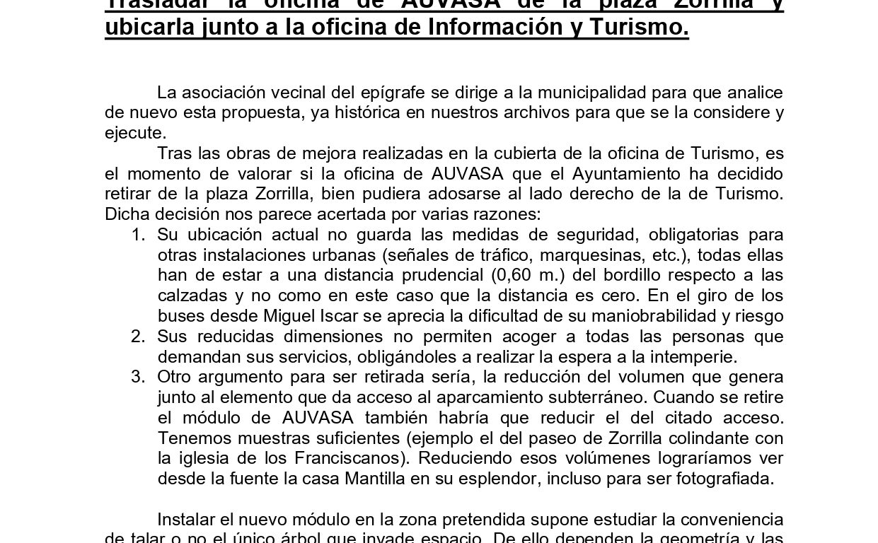 Trasladar la oficina de AUVASA de la plaza Zorrilla y ubicarla junto a la oficina de Información y Turismo.